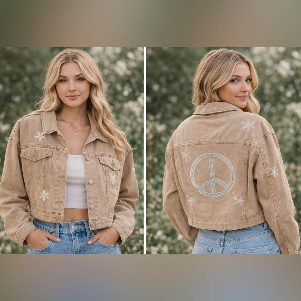 New Miss sparkling tan denim embroidered jean jacket sz S peace